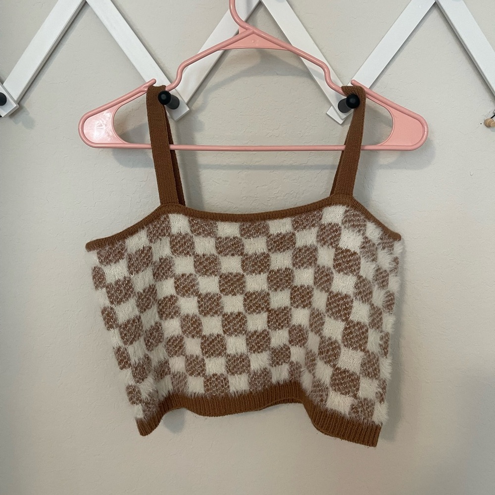 Brown and White Checkered Women Top